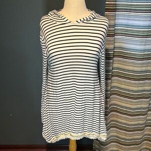 Flamingo Urban White with Navy strip - hooded long sleeve with hem detail